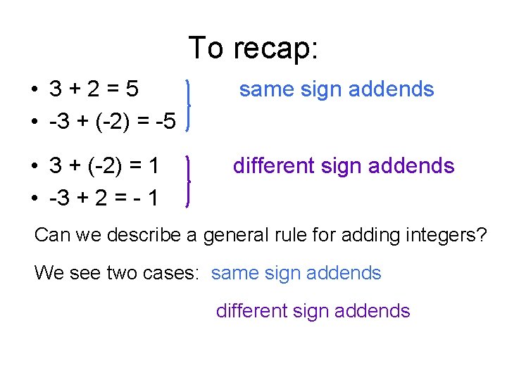 To recap: • 3+2=5 • -3 + (-2) = -5 same sign addends •