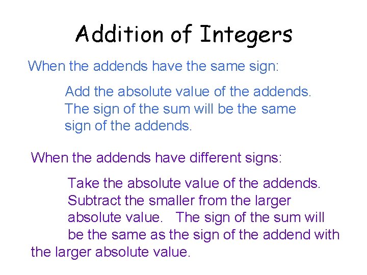 Addition of Integers When the addends have the same sign: Add the absolute value