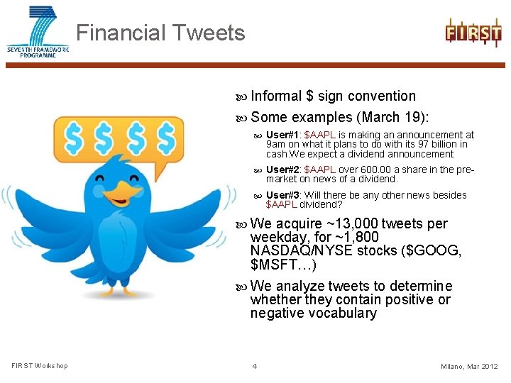 Financial Tweets Informal $ sign convention Some examples (March 19): User#1: $AAPL is making