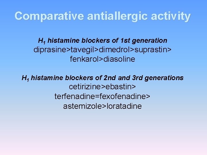 Comparative antiallergic activity Н 1 histamine blockers of 1 st generation diprasine>tavegil>dimedrol>suprastin> fenkarol>diasoline Н