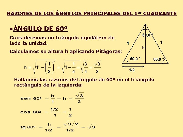 RAZONES DE LOS ÁNGULOS PRINCIPALES DEL 1 er CUADRANTE • ÁNGULO DE 60º Consideremos