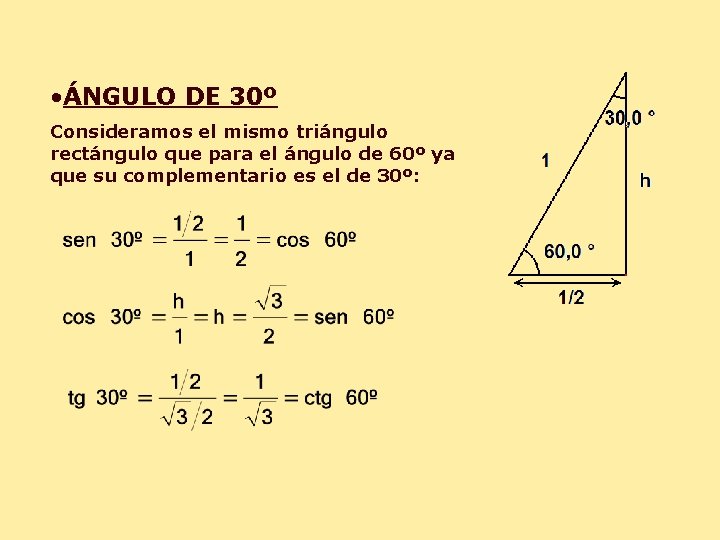  • ÁNGULO DE 30º Consideramos el mismo triángulo rectángulo que para el ángulo