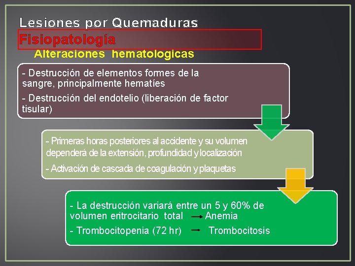 Lesiones por Quemaduras Fisiopatología Alteraciones hematologicas - Destrucción de elementos formes de la sangre, Lesiones por Quemaduras Fisiopatología Alteraciones hematologicas - Destrucción de elementos formes de la sangre,