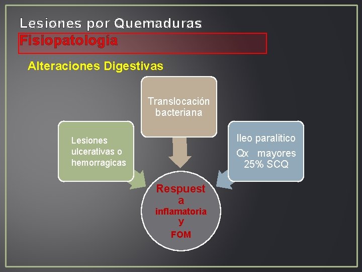 Lesiones por Quemaduras Fisiopatología Alteraciones Digestivas Translocación bacteriana Ileo paralitico Qx mayores 25% SCQ Lesiones por Quemaduras Fisiopatología Alteraciones Digestivas Translocación bacteriana Ileo paralitico Qx mayores 25% SCQ