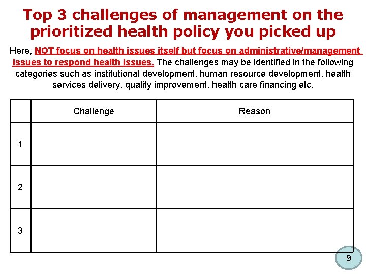 Top 3 challenges of management on the prioritized health policy you picked up Here,