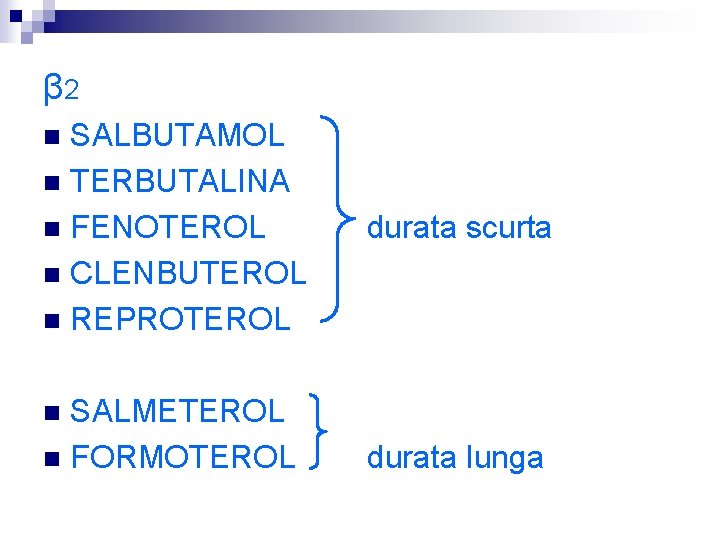 β 2 SALBUTAMOL n TERBUTALINA n FENOTEROL n CLENBUTEROL n REPROTEROL n SALMETEROL n
