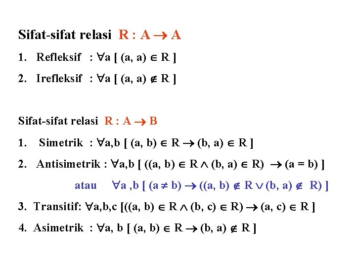 Sifat-sifat relasi R : A A 1. Refleksif : a [ (a, a) R Sifat-sifat relasi R : A A 1. Refleksif : a [ (a, a) R