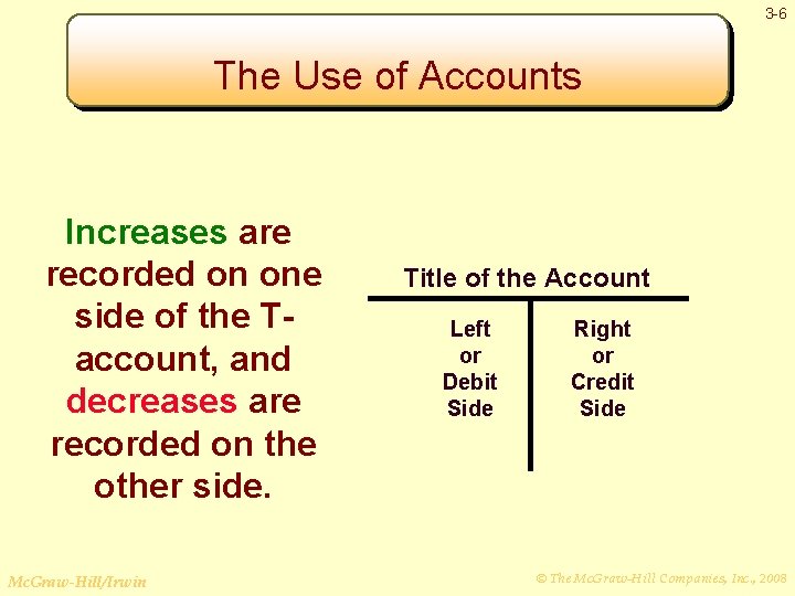 3 -6 The Use of Accounts Increases are recorded on one side of the