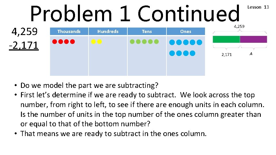Problem 1 Continued 4, 259 -2, 171 Thousands llll Hundreds ll Tens lllll Lesson