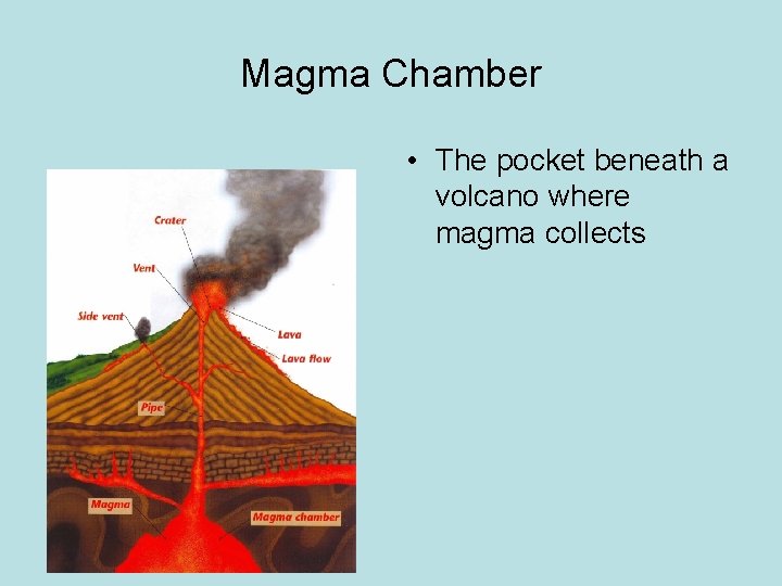 Magma Chamber • The pocket beneath a volcano where magma collects 