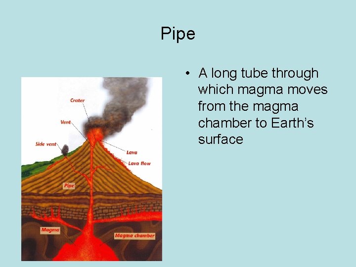 Pipe • A long tube through which magma moves from the magma chamber to