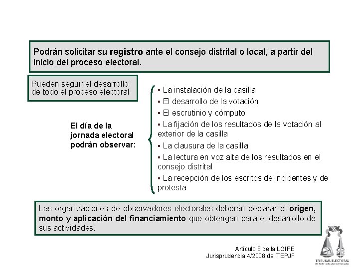 Observadores electorales Podrán solicitar su registro ante el consejo distrital o local, a partir