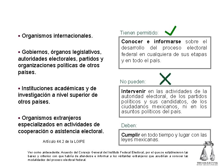 Visitantes extranjeros § Organismos internacionales. § Gobiernos, órganos legislativos, autoridades electorales, partidos y organizaciones