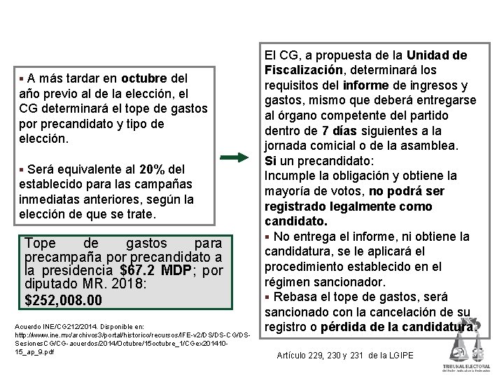 Topes de gasto de precampaña § A más tardar en octubre del año previo