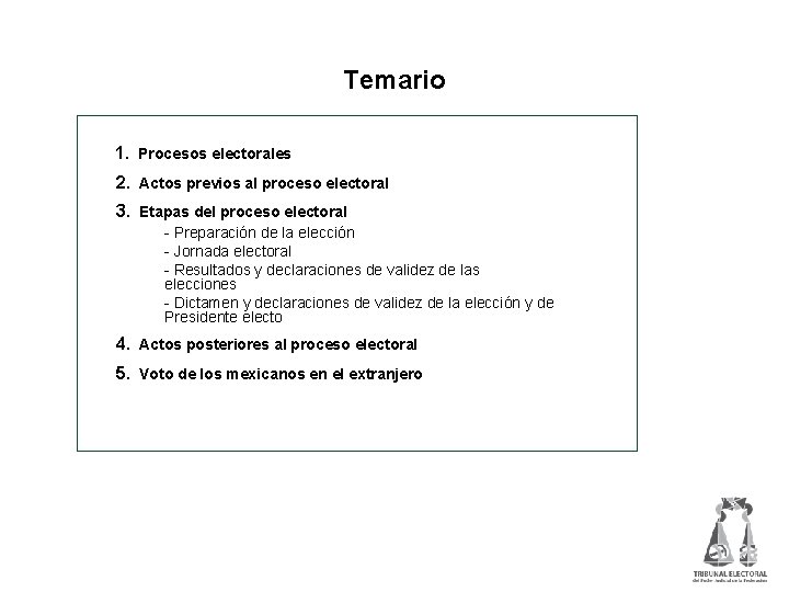 Temario 1. Procesos electorales 2. Actos previos al proceso electoral 3. Etapas del proceso