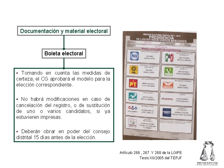 Boleta electoral Documentación y material electoral Boleta electoral § Tomando en cuenta las medidas