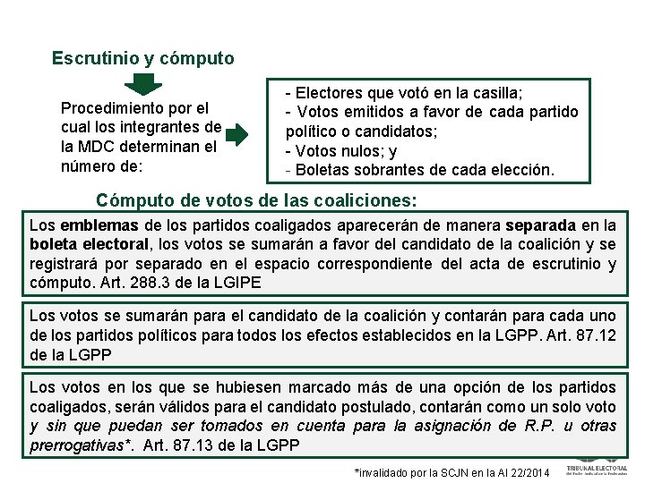 Escrutinio y cómputo Procedimiento por el cual los integrantes de la MDC determinan el