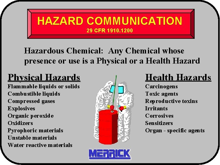 HAZARD COMMUNICATION 29 CFR 1910. 1200 Hazardous Chemical: Any Chemical whose presence or use