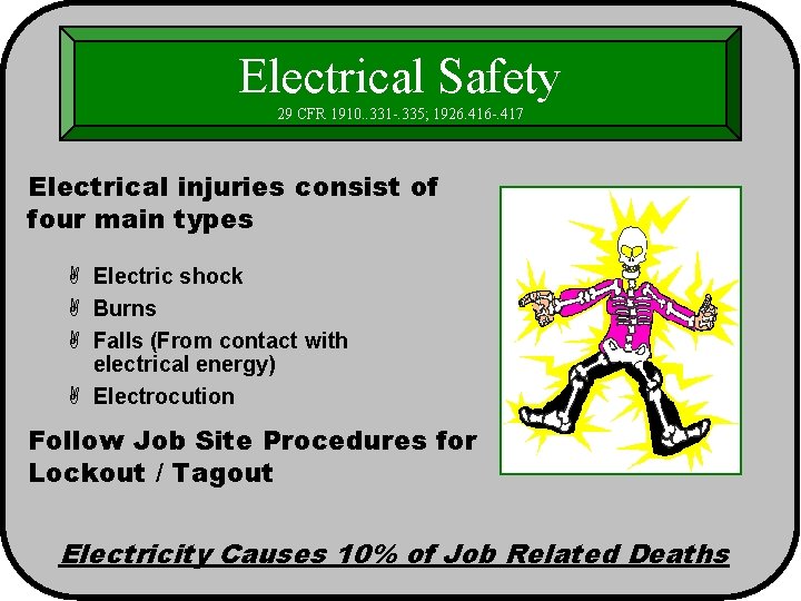 Electrical Safety 29 CFR 1910. . 331 -. 335; 1926. 416 -. 417 Electrical
