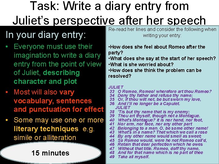 Task: Write a diary entry from Juliet’s perspective after her speech In your diary