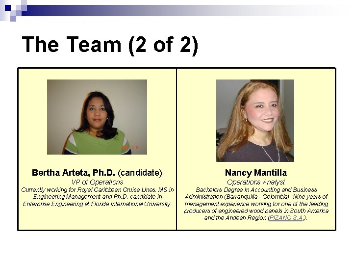 The Team (2 of 2) Bertha Arteta, Ph. D. (candidate) Nancy Mantilla VP of