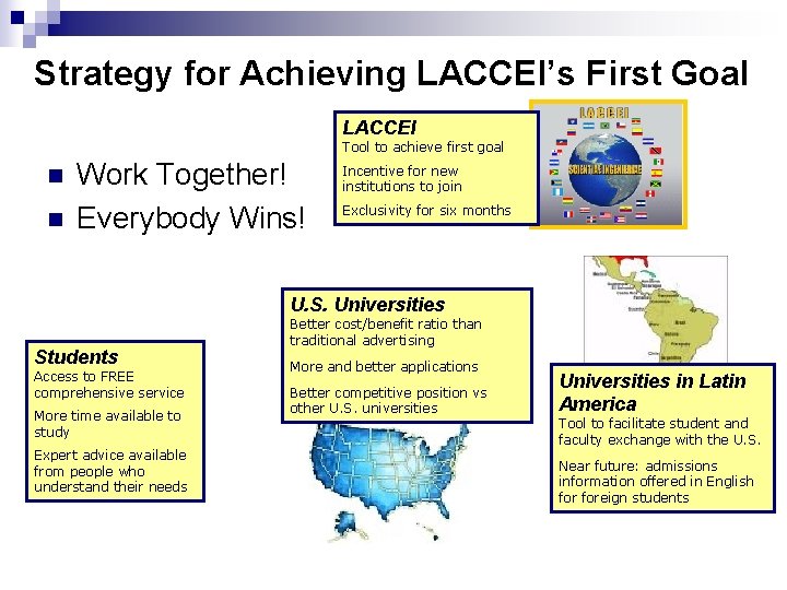 Strategy for Achieving LACCEI’s First Goal LACCEI Tool to achieve first goal n n