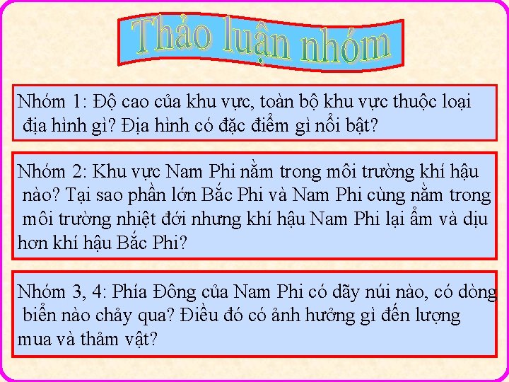 Nhóm 1: Độ cao của khu vực, toàn bộ khu vực thuộc loại địa