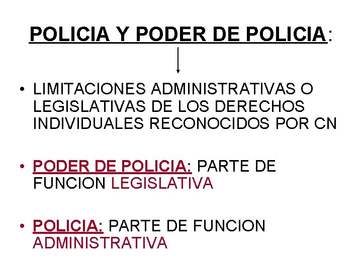 POLICIA Y PODER DE POLICIA: • LIMITACIONES ADMINISTRATIVAS O LEGISLATIVAS DE LOS DERECHOS INDIVIDUALES