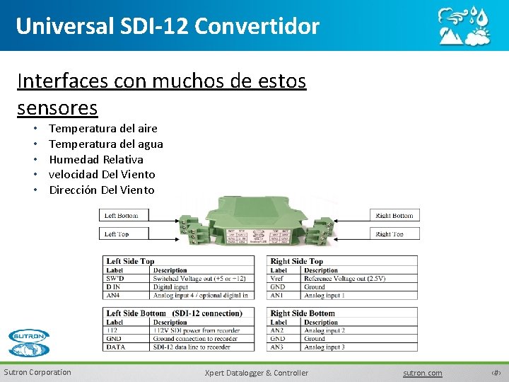 Universal SDI-12 Convertidor Interfaces con muchos de estos sensores • • • Temperatura del