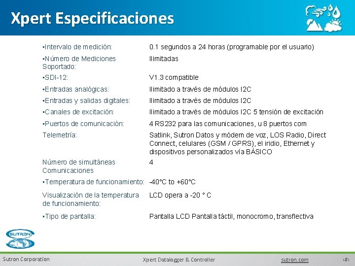 Xpert Especificaciones • Intervalo de medición: 0. 1 segundos a 24 horas (programable por