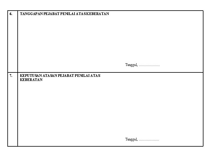 6. TANGGAPAN PEJABAT PENILAI ATAS KEBERATAN Tanggal, . . . 7. KEPUTUSAN ATASAN PEJABAT