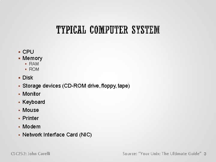  CPU Memory RAM ROM Disk Storage devices (CD-ROM drive, floppy, tape) Monitor Keyboard