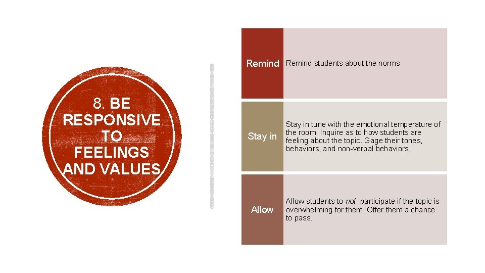 8. BE RESPONSIVE TO FEELINGS AND VALUES Remind students about the norms Stay in