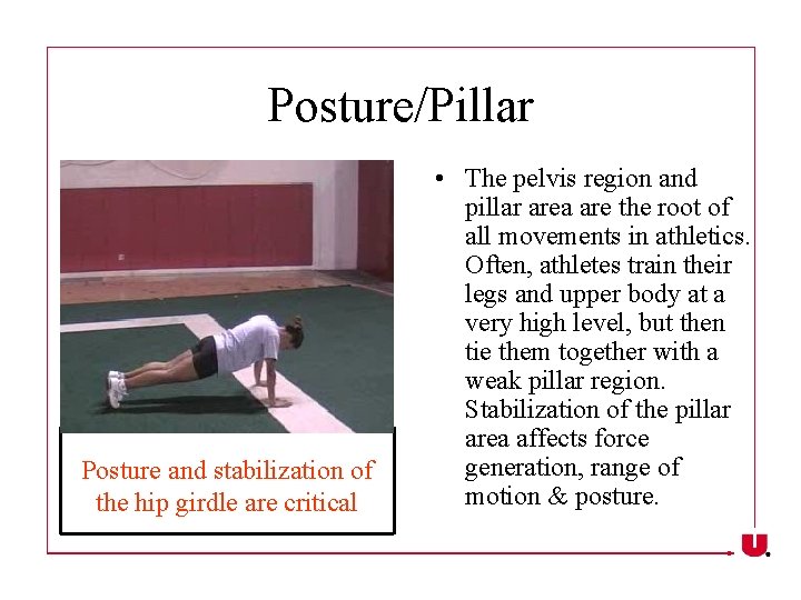 Posture/Pillar Posture and stabilization of the hip girdle are critical • The pelvis region