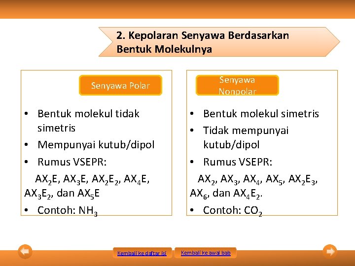 2. Kepolaran Senyawa Berdasarkan Bentuk Molekulnya Senyawa Polar • Bentuk molekul tidak simetris •