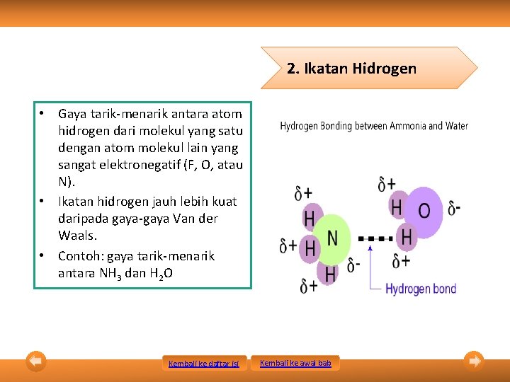 2. Ikatan Hidrogen • Gaya tarik-menarik antara atom hidrogen dari molekul yang satu dengan
