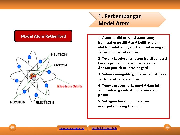 1. Perkembangan Model Atom Rutherford 1. Atom terdiri atas inti atom yang bermuatan positif