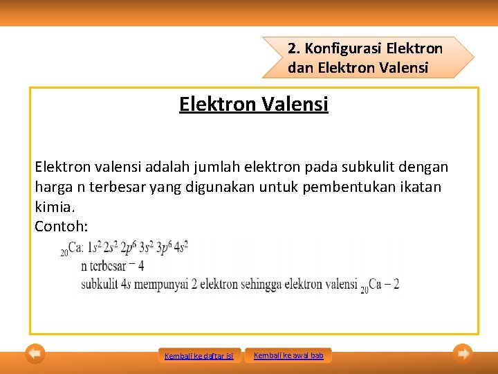 2. Konfigurasi Elektron dan Elektron Valensi Elektron valensi adalah jumlah elektron pada subkulit dengan