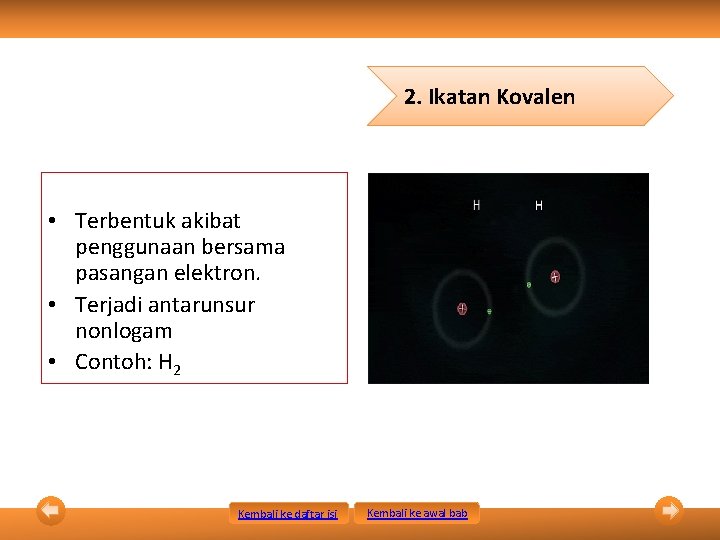 2. Ikatan Kovalen • Terbentuk akibat penggunaan bersama pasangan elektron. • Terjadi antarunsur nonlogam
