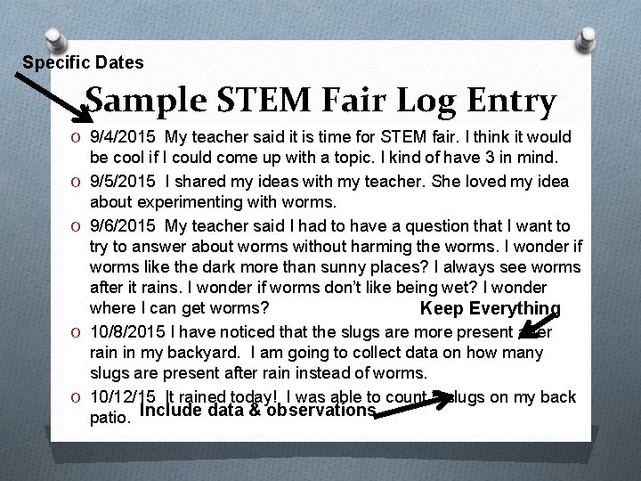 Specific Dates Sample STEM Fair Log Entry O 9/4/2015 My teacher said it is