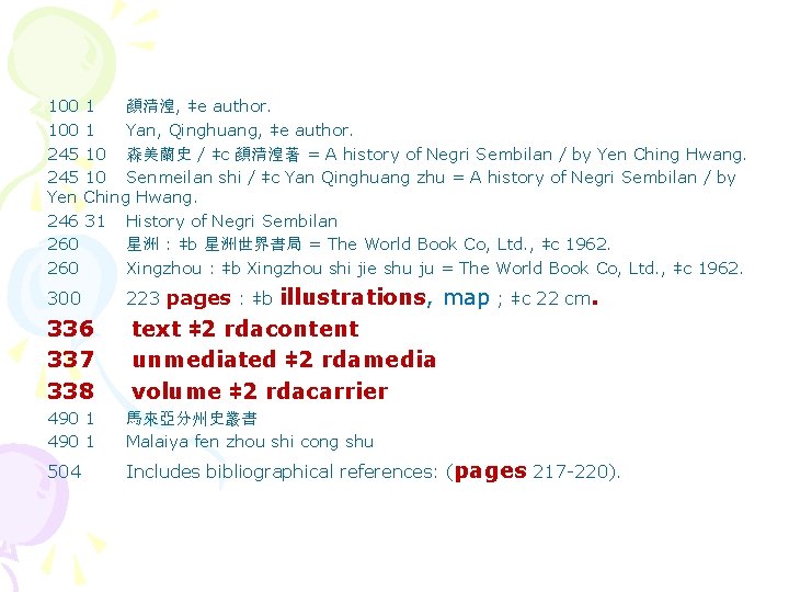 100 1 顏清湟, ǂe author. 100 1 Yan, Qinghuang, ǂe author. 245 10 森美蘭史