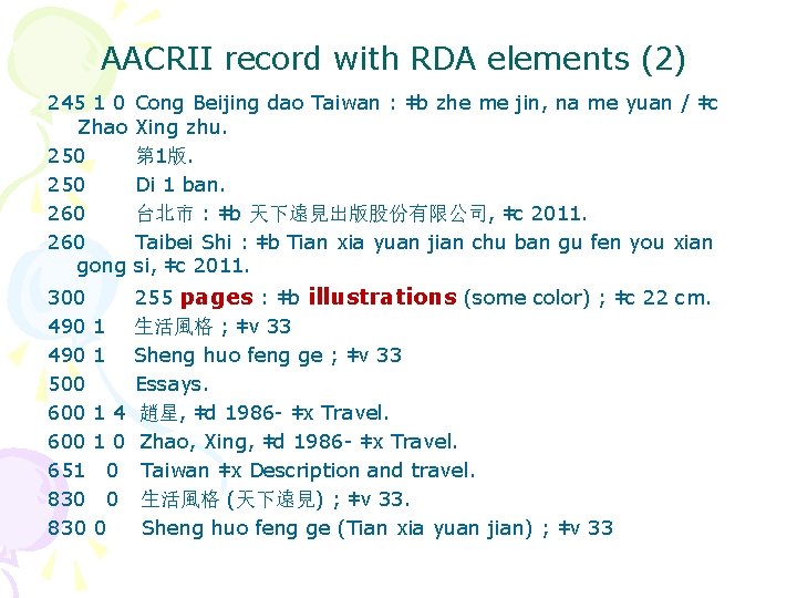 AACRII record with RDA elements (2) 245 1 0 Zhao 250 260 gong Cong