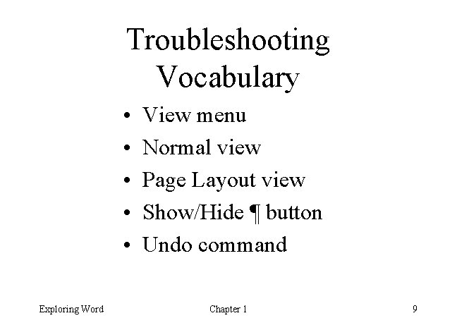 Troubleshooting Vocabulary • • • Exploring Word View menu Normal view Page Layout view