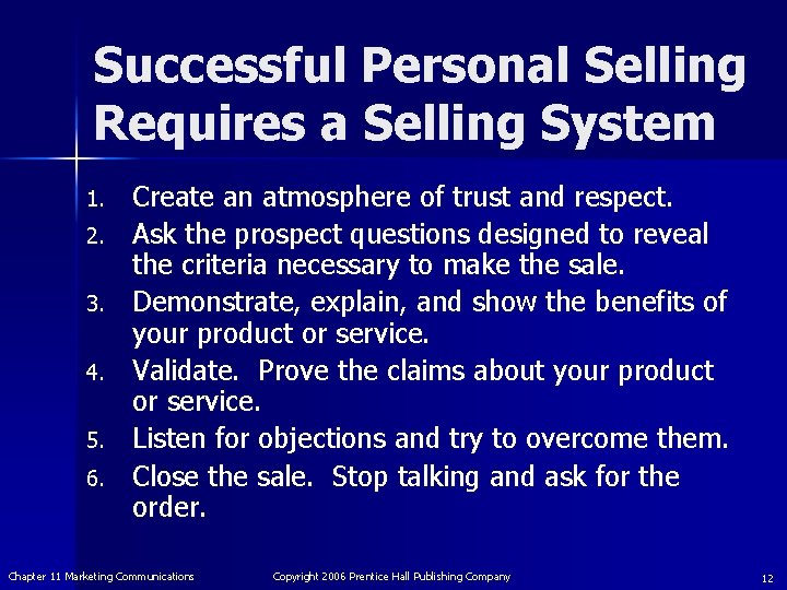 Successful Personal Selling Requires a Selling System 1. 2. 3. 4. 5. 6. Create