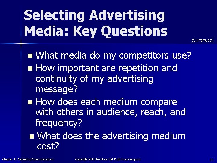 Selecting Advertising Media: Key Questions (Continued) What media do my competitors use? n How