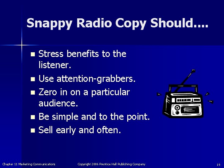 Snappy Radio Copy Should. . Stress benefits to the listener. n Use attention-grabbers. n