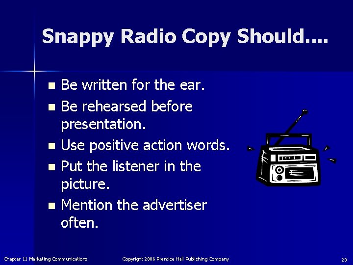 Snappy Radio Copy Should. . Be written for the ear. n Be rehearsed before