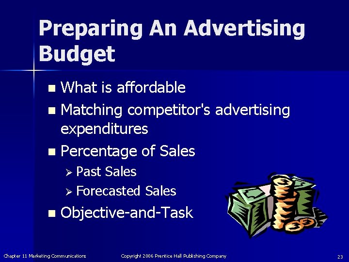 Preparing An Advertising Budget What is affordable n Matching competitor's advertising expenditures n Percentage