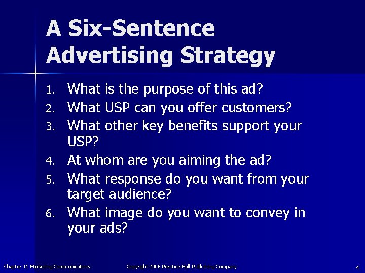 A Six-Sentence Advertising Strategy 1. 2. 3. 4. 5. 6. What is the purpose