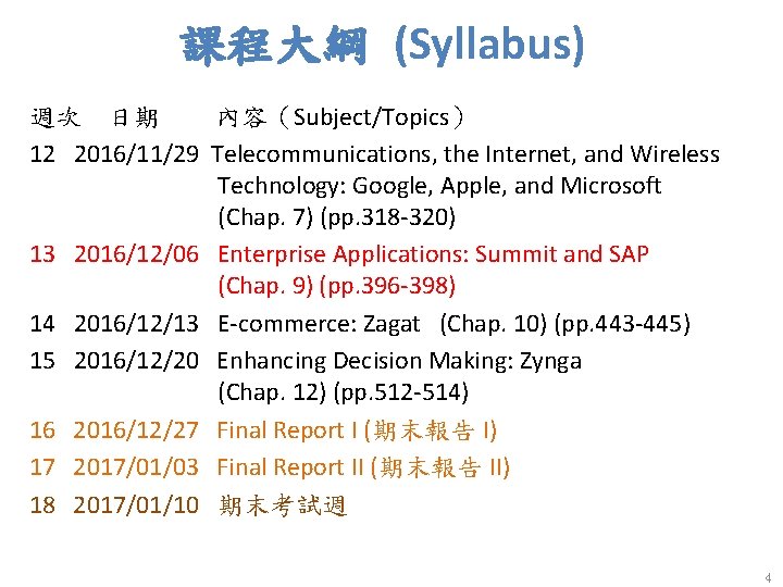 課程大綱 (Syllabus) 週次 日期 內容（Subject/Topics） 12 2016/11/29 Telecommunications, the Internet, and Wireless Technology: Google,